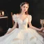Vintage / Originale Blanche La Mariée Robe De Mariée 2020 Robe Boule Transparentes Encolure Dégagée Gonflée Manches Courtes Dos Nu Appliques En Dentelle Perlage Glitter Tulle Cathedral Train Volants
