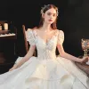 Vintage / Retro White Bridal Wedding Dresses 2020 Ball Gown See-through Scoop Neck Puffy Short Sleeve Backless Appliques Lace Beading Glitter Tulle Cathedral Train Ruffle