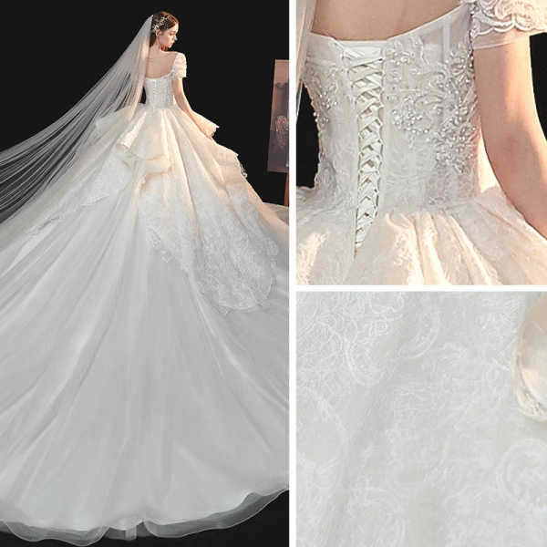Vintage / Originale Blanche La Mariée Robe De Mariée 2020 Robe Boule Transparentes Encolure Dégagée Gonflée Manches Courtes Dos Nu Appliques En Dentelle Perlage Glitter Tulle Cathedral Train Volants