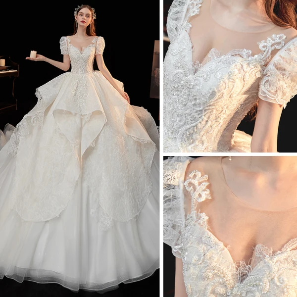 Vintage / Originale Blanche La Mariée Robe De Mariée 2020 Robe Boule Transparentes Encolure Dégagée Gonflée Manches Courtes Dos Nu Appliques En Dentelle Perlage Glitter Tulle Cathedral Train Volants