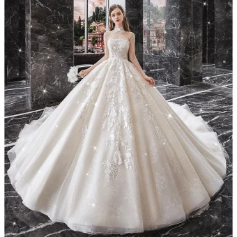Vintage Originale Champagne La Mariée Robe De Mariée 2020 Robe Boule Transparentes Col Haut Manches Courtes Perlage Gland Dos Nu Appliques En Dentelle Cathedral Train Volants