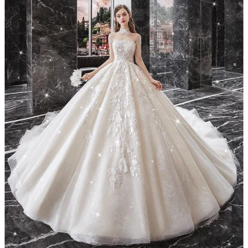 Vintage Retro Champagne Bridal Wedding Dresses 2020 Ball Gown See Through High Neck Short Sleeve Beading Tassel Backless Appliques Lace Cathedral Train Ruffle