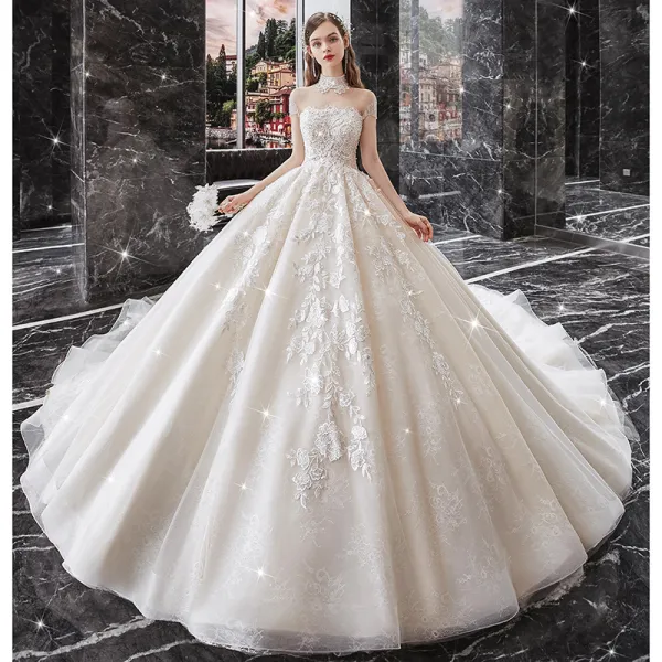 Vintage / Retro Champagne Bridal Wedding Dresses 2020 Ball Gown See-through High Neck Short Sleeve Beading Tassel Backless Appliques Lace Cathedral Train Ruffle