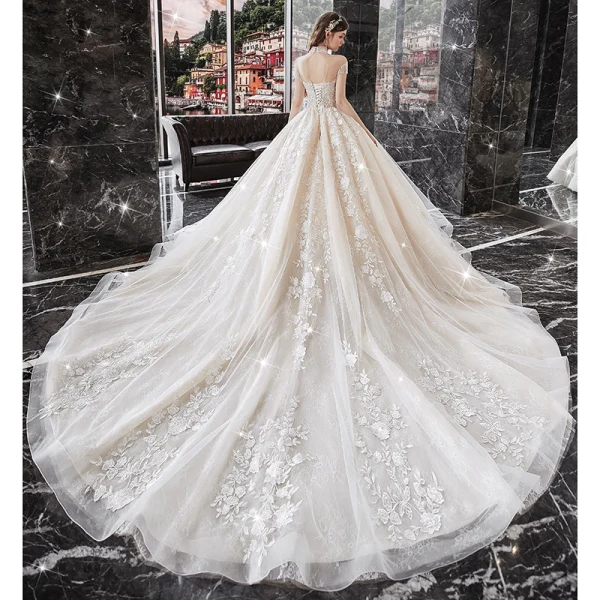 Vintage / Originale Champagne La Mariée Robe De Mariée 2020 Robe Boule Transparentes Col Haut Manches Courtes Perlage Gland Dos Nu Appliques En Dentelle Cathedral Train Volants
