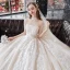 Vintage / Originale Champagne La Mariée Robe De Mariée 2020 Robe Boule Transparentes Col Haut Manches Courtes Perlage Gland Dos Nu Appliques En Dentelle Cathedral Train Volants
