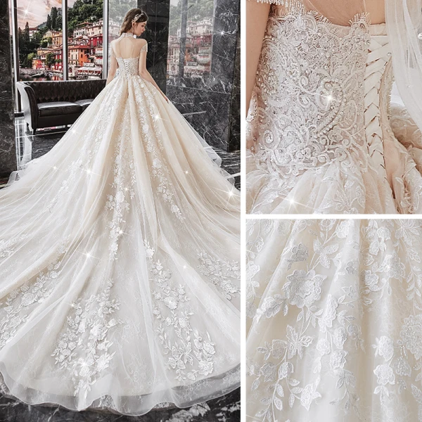 Vintage / Originale Champagne La Mariée Robe De Mariée 2020 Robe Boule Transparentes Col Haut Manches Courtes Perlage Gland Dos Nu Appliques En Dentelle Cathedral Train Volants