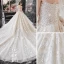 Vintage / Originale Champagne La Mariée Robe De Mariée 2020 Robe Boule Transparentes Col Haut Manches Courtes Perlage Gland Dos Nu Appliques En Dentelle Cathedral Train Volants