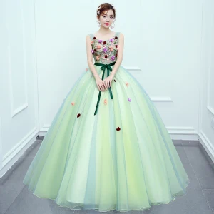 Fée Des Fleurs Vert Citron Dansant Robe De Bal 2020 Robe Boule Encolure Dégagée Sans Manches Appliques Fleur Ceinture Longue Volants Dos Nu Robe De Ceremonie