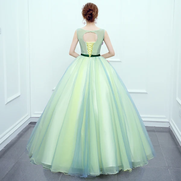 Flower Fairy Mint Green Dancing Prom Dresses 2020 Ball Gown Scoop Neck Sleeveless Appliques Flower Sash Floor-Length / Long Ruffle Backless Formal Dresses