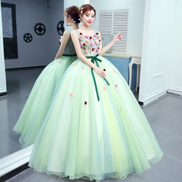Flower Fairy Mint Green Dancing Prom Dresses 2020 Ball Gown Scoop Neck Sleeveless Appliques Flower Sash Floor-Length / Long Ruffle Backless Formal Dresses