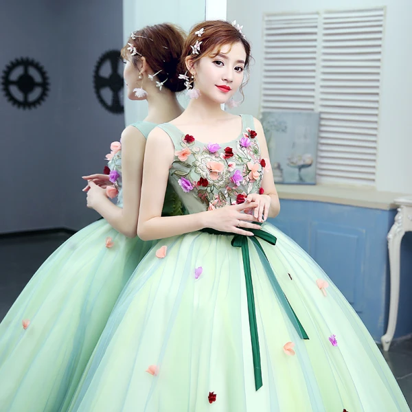Flower Fairy Mint Green Dancing Prom Dresses 2020 Ball Gown Scoop Neck Sleeveless Appliques Flower Sash Floor-Length / Long Ruffle Backless Formal Dresses