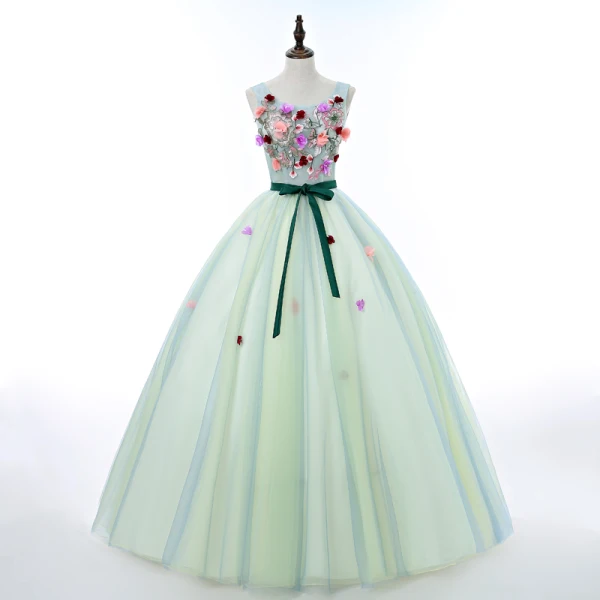 Flower Fairy Mint Green Dancing Prom Dresses 2020 Ball Gown Scoop Neck Sleeveless Appliques Flower Sash Floor-Length / Long Ruffle Backless Formal Dresses