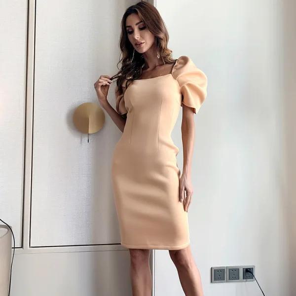 Vintage / Originale Kaki Été Robes longues 2020 Encolure Carrée Gonflée Manches Courtes Courte Dos Nu Vêtements Femme