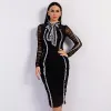 Mode Zwarte Kanten Zomer Maxi-jurken 2020 Hoge Kraag Lange Mouwen Knielengte Dameskleding