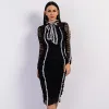 Mode Zwarte Kanten Zomer Maxi-jurken 2020 Hoge Kraag Lange Mouwen Knielengte Dameskleding