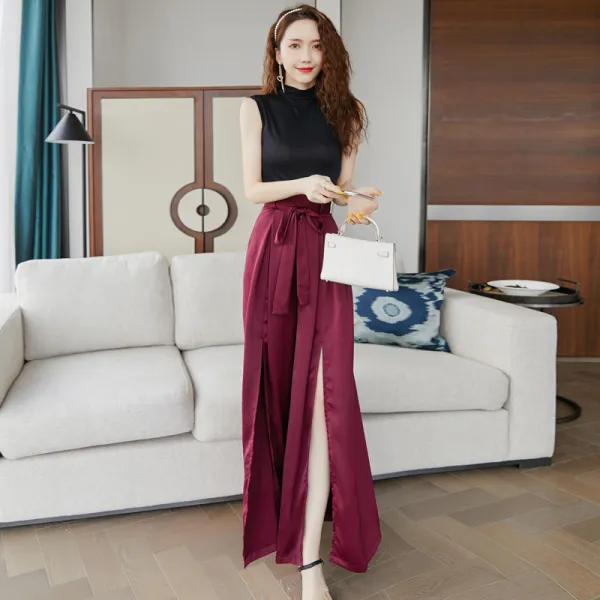 2 Piece Black Burgundy Maxi Dresses 2020 High Neck Sleeveless Floor-Length / Long Split Front Womens Clothing