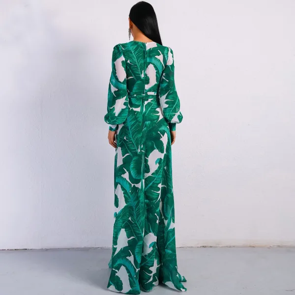 Chic / Beautiful Green Summer Beach Maxi Dresses 2020 Deep V-Neck Puffy Long Sleeve Sash Printing Split Front Floor-Length / Long Womens Clothing