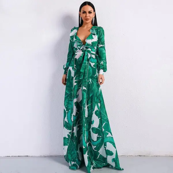 Chic / Beautiful Green Summer Beach Maxi Dresses 2020 Deep V-Neck Puffy Long Sleeve Sash Printing Split Front Floor-Length / Long Womens Clothing