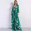 Chic / Beautiful Green Summer Beach Maxi Dresses 2020 Deep V-Neck Puffy Long Sleeve Sash Printing Split Front Floor-Length / Long Womens Clothing