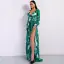 Chic / Beautiful Green Summer Beach Maxi Dresses 2020 Deep V-Neck Puffy Long Sleeve Sash Printing Split Front Floor-Length / Long Womens Clothing