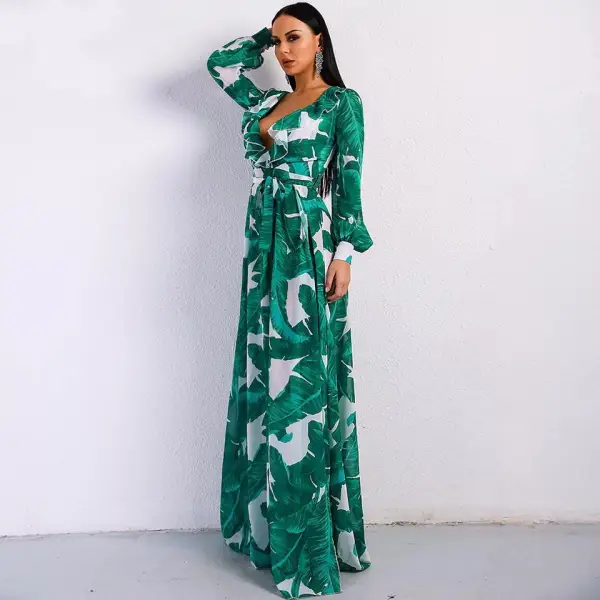 Chic / Beautiful Green Summer Beach Maxi Dresses 2020 Deep V-Neck Puffy Long Sleeve Sash Printing Split Front Floor-Length / Long Womens Clothing