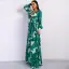 Chic / Beautiful Green Summer Beach Maxi Dresses 2020 Deep V-Neck Puffy Long Sleeve Sash Printing Split Front Floor-Length / Long Womens Clothing