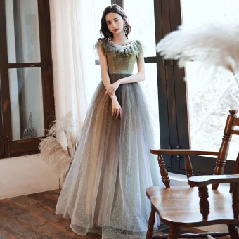Élégant Vert Citron Dégradé De Couleur Robe De Bal 2020 Princesse Transparentes Encolure Dégagée Sans Manches Glitter Tulle Perlage Longue Volants Dos Nu Robe De Ceremonie