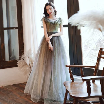 Élégant Vert Citron Dégradé De Couleur Robe De Bal 2020 Princesse Transparentes Encolure Dégagée Sans Manches Glitter Tulle Perlage Longue Volants Dos Nu Robe De Ceremonie