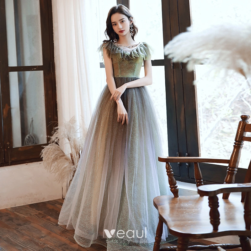 Elegant Mint Green Gradient-Color Prom Dresses 2020 A-Line / Princess  See-through Scoop Neck Sleeveless Glitter Tulle Beading Floor-Length / Long  Ruffle Backless Formal Dresses