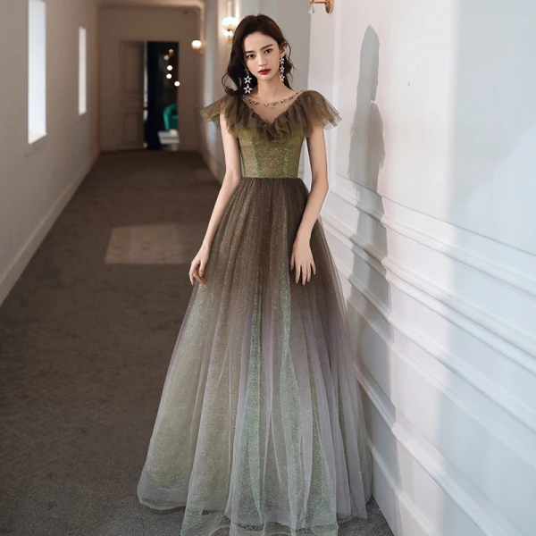 Elegant Mint Green Gradient-Color Prom Dresses 2020 A-Line / Princess See-through Scoop Neck Sleeveless Glitter Tulle Beading Floor-Length / Long Ruffle Backless Formal Dresses