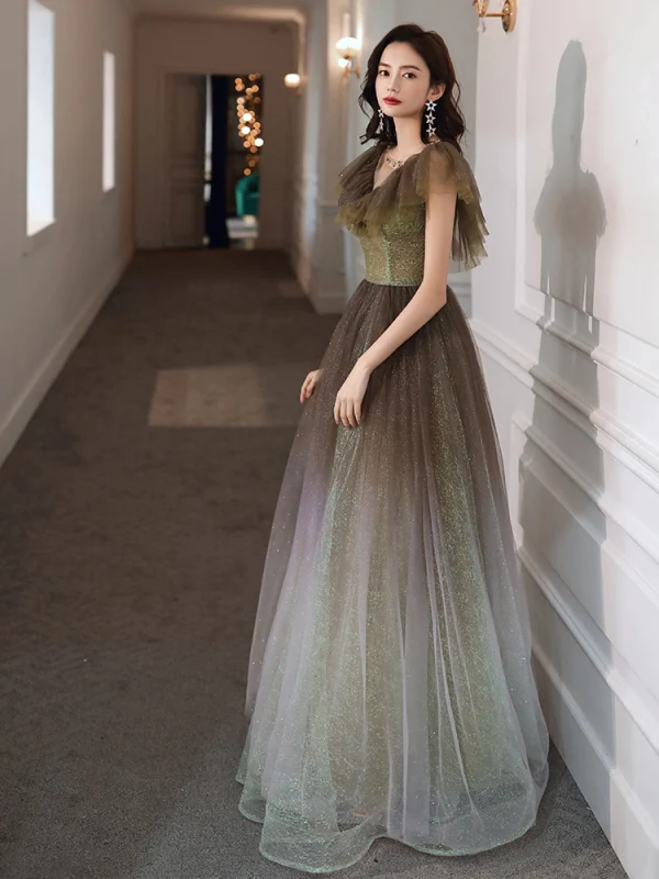 Elegant Mint Green Gradient-Color Prom Dresses 2020 A-Line / Princess See-through Scoop Neck Sleeveless Glitter Tulle Beading Floor-Length / Long Ruffle Backless Formal Dresses