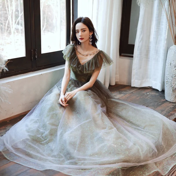 Elegant Mint Green Gradient-Color Prom Dresses 2020 A-Line / Princess See-through Scoop Neck Sleeveless Glitter Tulle Beading Floor-Length / Long Ruffle Backless Formal Dresses