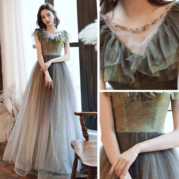 Elegant Mint Green Gradient-Color Prom Dresses 2020 A-Line / Princess See-through Scoop Neck Sleeveless Glitter Tulle Beading Floor-Length / Long Ruffle Backless Formal Dresses