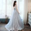 Chic / Belle Gris Robe De Soirée 2020 Princesse V-Cou Sans Manches Perlage Glitter Tulle Train De Balayage Volants Dos Nu Robe De Ceremonie