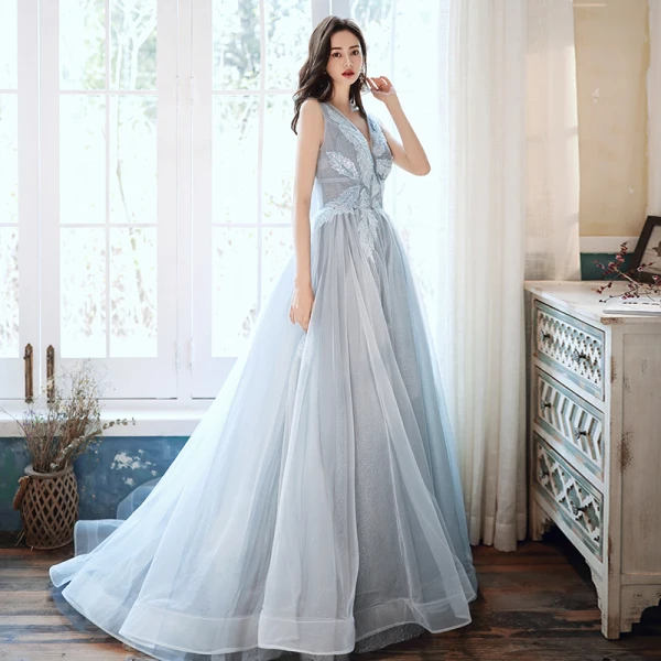 Chic / Belle Gris Robe De Soirée 2020 Princesse V-Cou Sans Manches Perlage Glitter Tulle Train De Balayage Volants Dos Nu Robe De Ceremonie