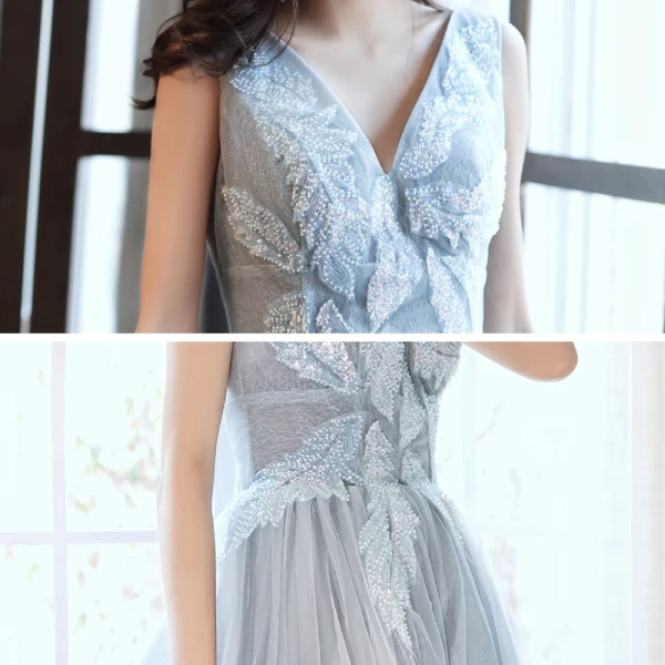 Chic / Belle Gris Robe De Soirée 2020 Princesse V-Cou Sans Manches Perlage Glitter Tulle Train De Balayage Volants Dos Nu Robe De Ceremonie