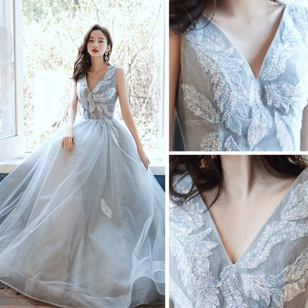 Chic / Belle Gris Robe De Soirée 2020 Princesse V-Cou Sans Manches Perlage Glitter Tulle Train De Balayage Volants Dos Nu Robe De Ceremonie