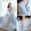 Chic / Belle Gris Robe De Soirée 2020 Princesse V-Cou Sans Manches Perlage Glitter Tulle Train De Balayage Volants Dos Nu Robe De Ceremonie