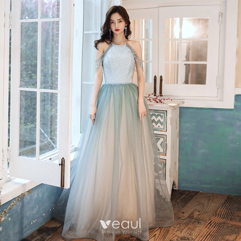 Charming Mint Green Lace Sequins Prom Dresses 2023 A-Line / Princess Square  Neckline Sleeveless Floor-Length /