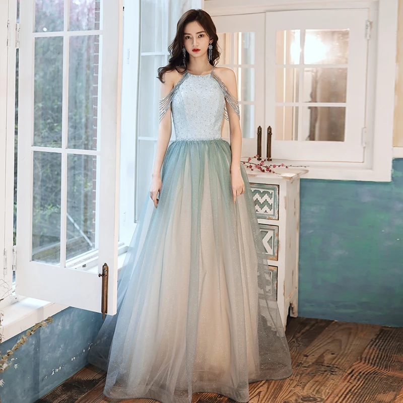 Charming Jade Green Gradient-Color Evening Dresses 2020 A-Line Princess Scoop Neck Long Charming Jade Green Gradient-Color Evening Dresses 2020 A-Line Princess Scoop Neck Long