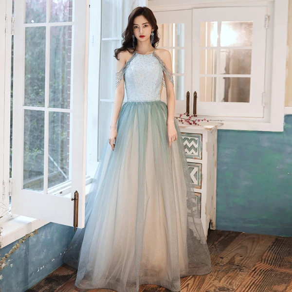 Charming Jade Green Gradient-Color Evening Dresses  2020 A-Line / Princess Scoop Neck Sleeveless Beading Glitter Tulle Floor-Length / Long Ruffle Backless Formal Dresses