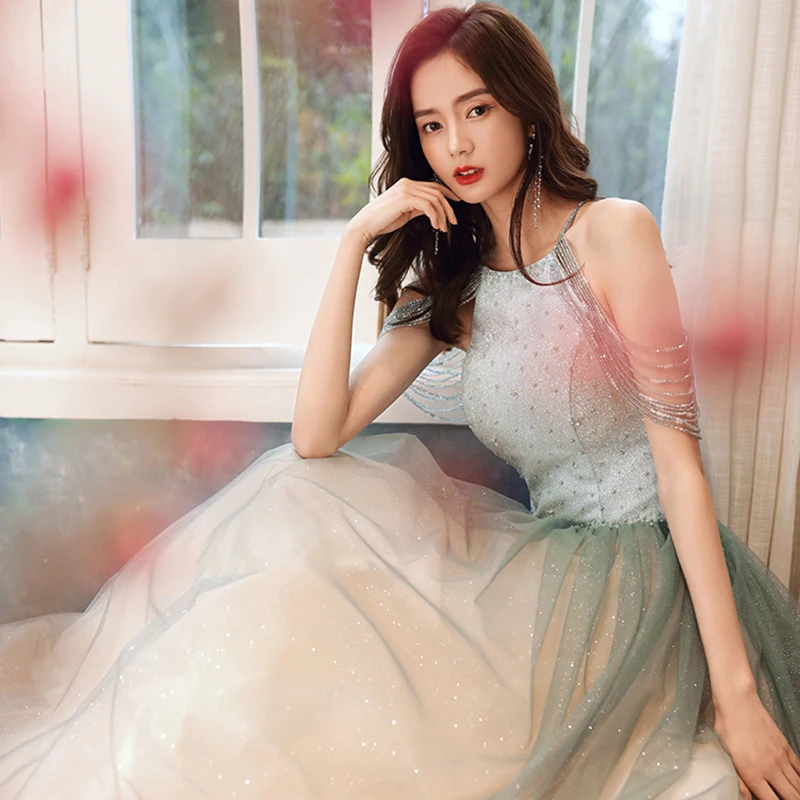 Charming Jade Green Gradient-Color Evening Dresses 2020 A-Line Princess Scoop Neck Long