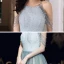 Charming Jade Green Gradient-Color Evening Dresses  2020 A-Line / Princess Scoop Neck Sleeveless Beading Glitter Tulle Floor-Length / Long Ruffle Backless Formal Dresses