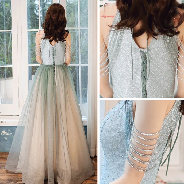 Charming Jade Green Gradient-Color Evening Dresses  2020 A-Line / Princess Scoop Neck Sleeveless Beading Glitter Tulle Floor-Length / Long Ruffle Backless Formal Dresses