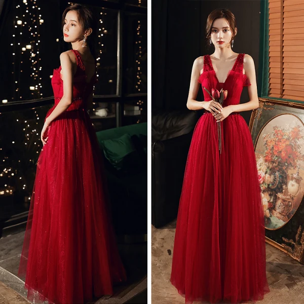 Fashion Red Evening Dresses  2020 A-Line / Princess V-Neck Sleeveless Beading Glitter Tulle Floor-Length / Long Ruffle Backless Formal Dresses