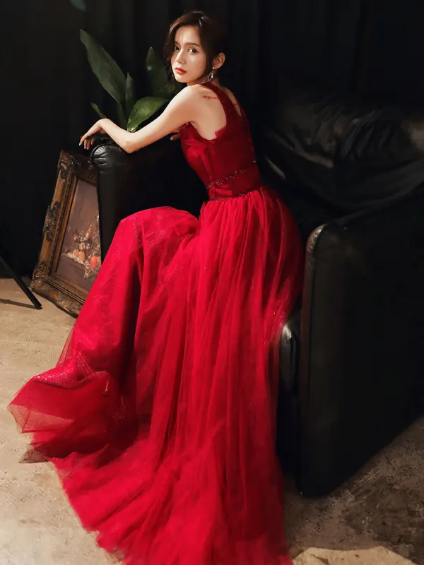 Fashion Red Evening Dresses  2020 A-Line / Princess V-Neck Sleeveless Beading Glitter Tulle Floor-Length / Long Ruffle Backless Formal Dresses