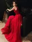 Fashion Red Evening Dresses  2020 A-Line / Princess V-Neck Sleeveless Beading Glitter Tulle Floor-Length / Long Ruffle Backless Formal Dresses
