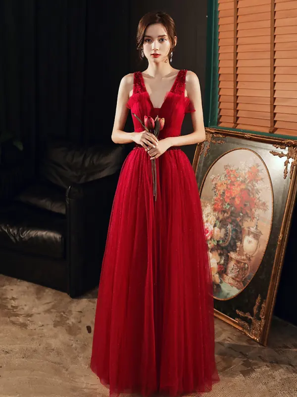 Fashion Red Evening Dresses  2020 A-Line / Princess V-Neck Sleeveless Beading Glitter Tulle Floor-Length / Long Ruffle Backless Formal Dresses