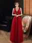 Fashion Red Evening Dresses  2020 A-Line / Princess V-Neck Sleeveless Beading Glitter Tulle Floor-Length / Long Ruffle Backless Formal Dresses