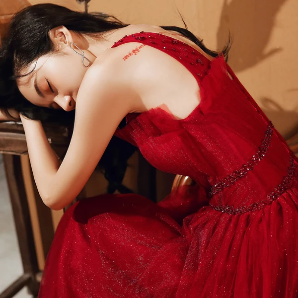 Fashion Red Evening Dresses  2020 A-Line / Princess V-Neck Sleeveless Beading Glitter Tulle Floor-Length / Long Ruffle Backless Formal Dresses